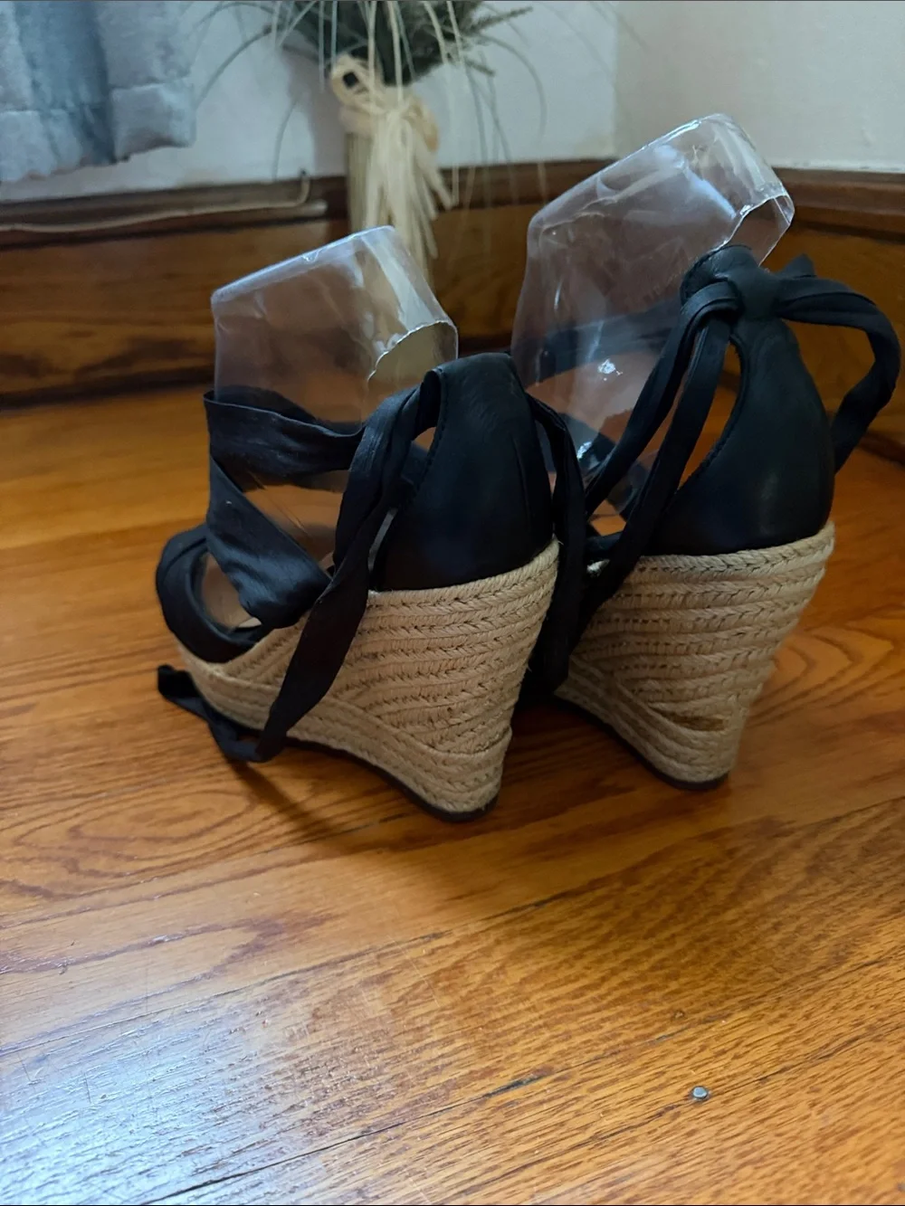 UGG Black Satin Espadrille Wedge Sandals